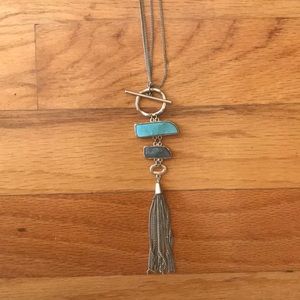 Long Gold Tassel Necklace with Aqua & Gray Stones